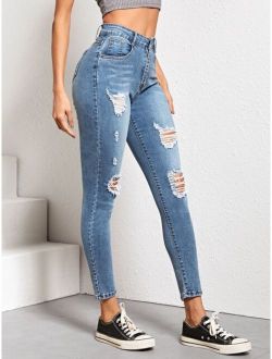 Ripped Slant Pocket Skinny Jeans
