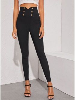 Double Button Notched Waist Skinny Jeans