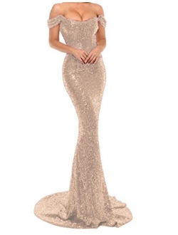 YSMei Women's Off Shoulder Mermaid Sequins Evening Dress Long Prom Gowns