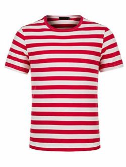 THWEI Men Color Block Crewneck Short Sleeve Casual Allover Print Striped T Shirt-Red & White-XL(Fit 44-46)