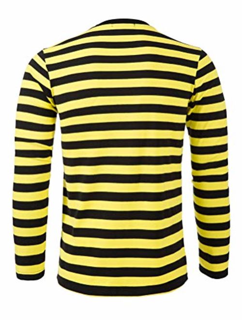 THWEI Men Casual Striped Pullover Basic Crew Neck Long Sleeve Tee T Shirt Black & Yellow -XL(Fit 44-46)