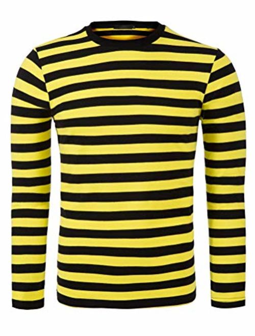 THWEI Men Casual Striped Pullover Basic Crew Neck Long Sleeve Tee T Shirt Black & Yellow -XL(Fit 44-46)