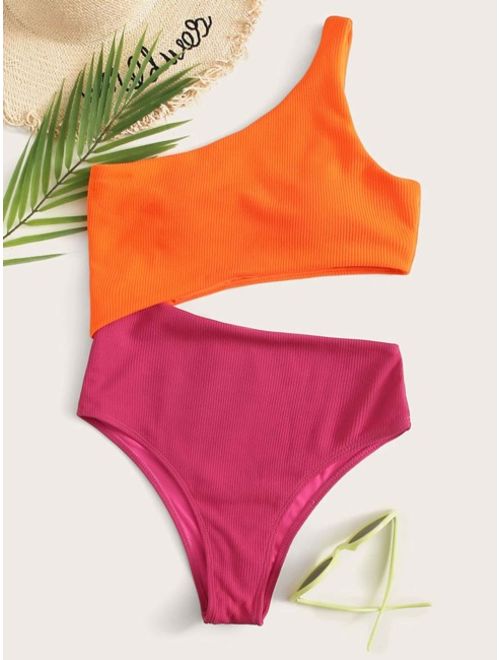 Shein Two Tone Rib One Shoulder One Piece Swimsuit