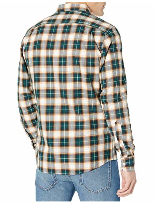 Amazon Brand - Goodthreads Men's Slim-Fit Long-Sleeve Plaid Herringbone Shirt, Green Gold Check, X-Small
