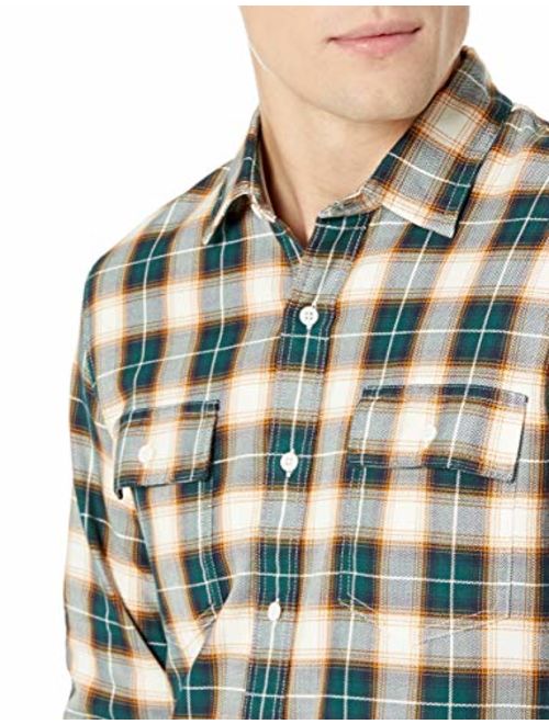 Amazon Brand - Goodthreads Men's Slim-Fit Long-Sleeve Plaid Herringbone Shirt, Green Gold Check, X-Small
