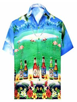 LA LEELA Men's 3D HD Ugly Flamingos Beach Short Sleeve Casual Hawaiian Shirt XL Blue_W549