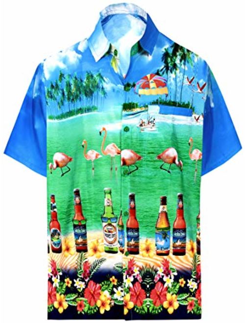 LA LEELA Men's 3D HD Ugly Flamingos Beach Short Sleeve Casual Hawaiian Shirt XL Blue_W549