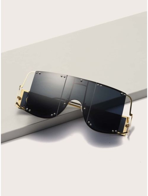 Shein Flat Top Shield Studded Decor Sunglasses With Case