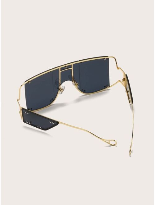 Shein Flat Top Shield Studded Decor Sunglasses With Case