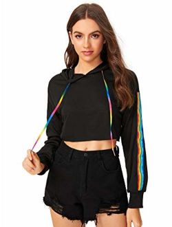 Women's Casual Rainbow Striped Long Sleeve Raw Hem Pullover Crop Sweatshirt Hooded Top