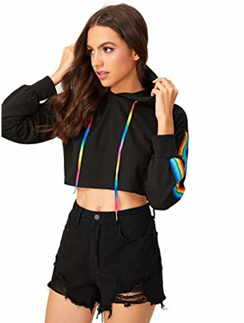 ROMWE Women's Casual Rainbow Striped Long Sleeve Raw Hem Pullover Crop Sweatshirt Hooded Top