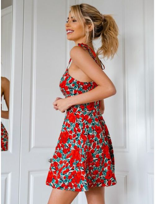 Shein Allover Floral Print Ruched Bust Knotted Cami Dress