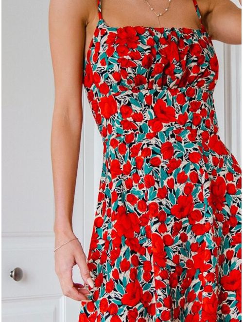 Shein Allover Floral Print Ruched Bust Knotted Cami Dress