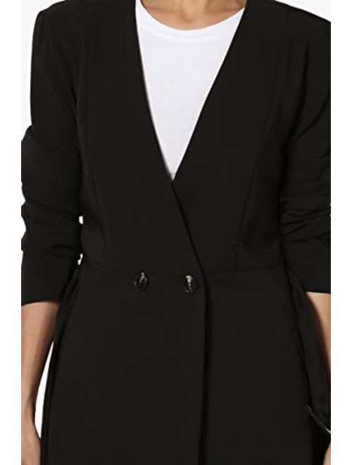 TheMogan Women's Versatile Collarless Belted Double Breasted Blazer Dress Black L