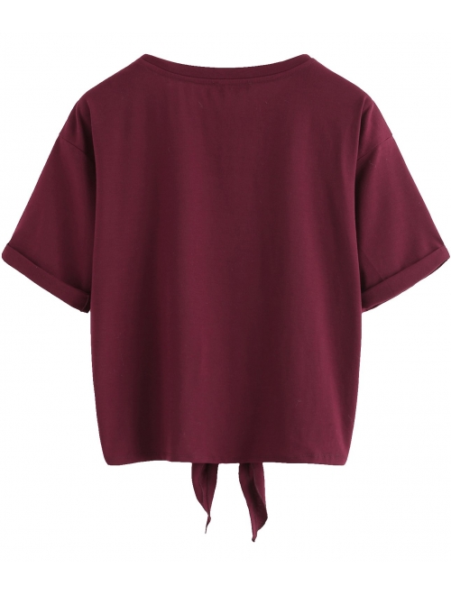 Romwe Women's Short Sleeve Tie Front Knot Casual Loose Fit Tee T-Shirt