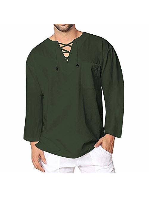 iOPQO Men's Pullover Tops, Winter Vintage Linen O Neck Loose Long Sleeve T-Shirt Blouse