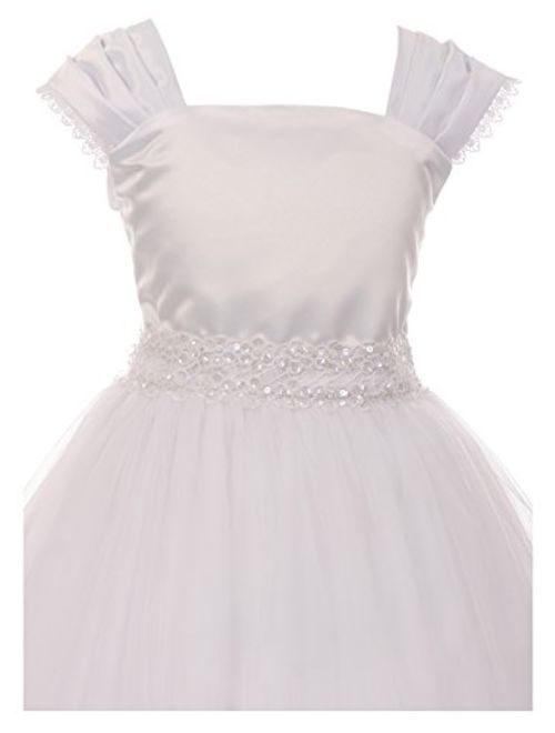 Flower Girl Cap Sleeved Big Girls' White Dress First Holy Communion