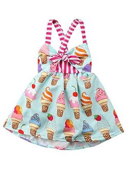 Toddler Girls Summer Ice Cream Print Princess Dress Strap Backless Dress