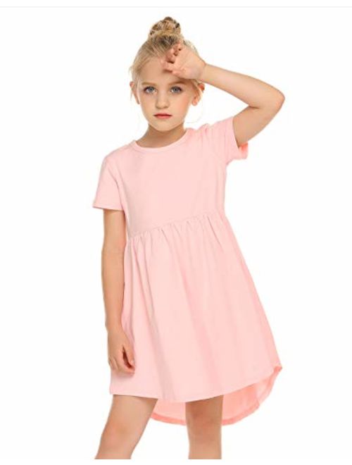 Arshiner Girl Cotton Short Sleeve A Line Skater Casual Twirly Casual Dress