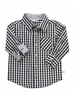 RuggedButts Boys Gingham Plaid Long Sleeve Button Down Shirt with Button Tabs