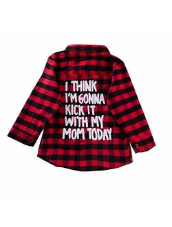 1-6T Kids Toddler Boys Girls Long Sleeve Letters Printed Button-Down Plaid Shirt (5-6T, Red)