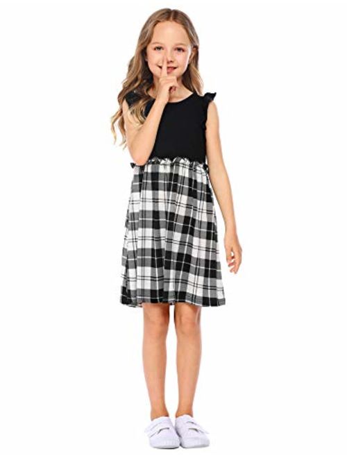 Arshiner Kids Girls Plaid Dress Casual Ruffle Short Sleeve Elastic Waist Dress for 4-13 Years
