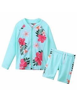 TFJH E Kids Girls Long Sleeve Swimsuit Two Piece UPF 50+ UV Rash Guard Suit Zipper 3-12 Y