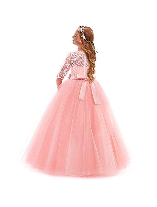 FYMNSI Flower Girls 3/4 Sleeve Lace Tulle Communion Pageant Dresses Princess Birthday Wedding Kids Prom Ball Gown