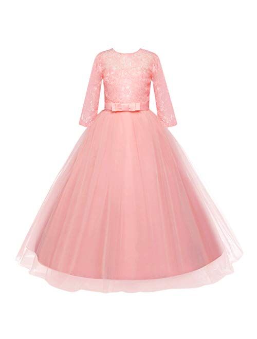 FYMNSI Flower Girls 3/4 Sleeve Lace Tulle Communion Pageant Dresses Princess Birthday Wedding Kids Prom Ball Gown