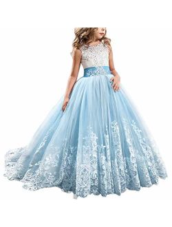 Girl Princess Christmas Flower Lace Pageant Dress Long Sleeves Communion Prom Floor Length Puffy Tulle Evening Dance Gown