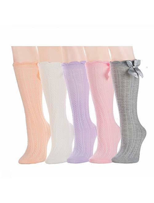 Deer Stags Deer Mum Girls Cute Princess Knee High Socks Lovely Bowknot Boot Sox Solid Color Long Stocking(3-10Y)