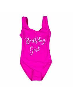 A Dash of Chic Little Girls Hot Pink Birthday Girl Swimsuit- Pink Bday Girl One Piece Swim Suit