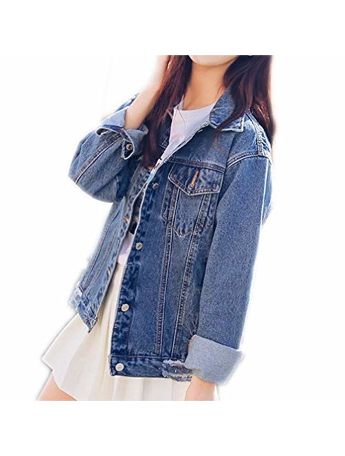 Saukiee Oversized Denim Jacket Distressed Boyfriend Jean Coat Jeans Trucker Jacket for Women Girls