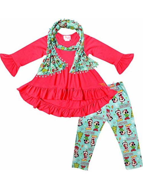 Toddler Little Girls Merry Disney Christmas Outfit Scarf Set - Santa Snowman Reindeer Tree Clothing Sets