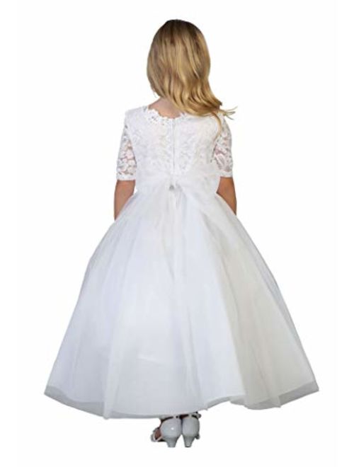 Girls' White First Communion Lace Tulle Half Sleeves Flower Girl Pageant Dress USA 2-24