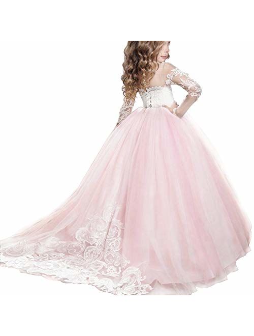 FYMNSI Flower Girls Lace Appliques Wedding Tulle Dress First Communion Long Sleeve Birthday Christmas Party Ball Gown 2-13T