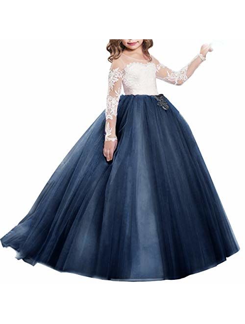 FYMNSI Flower Girls Lace Appliques Wedding Tulle Dress First Communion Long Sleeve Birthday Christmas Party Ball Gown 2-13T