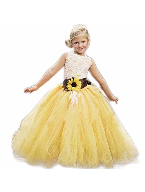 luolandi Yellow Tulle with Sunflower Belt Flower Girl Dress for Communion Pageant Dresses