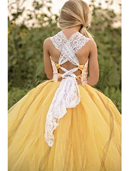 luolandi Yellow Tulle with Sunflower Belt Flower Girl Dress for Communion Pageant Dresses