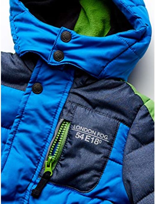 LONDON FOG Boys' Toddler Color Blocked Puffer Jacket Coat with Hat