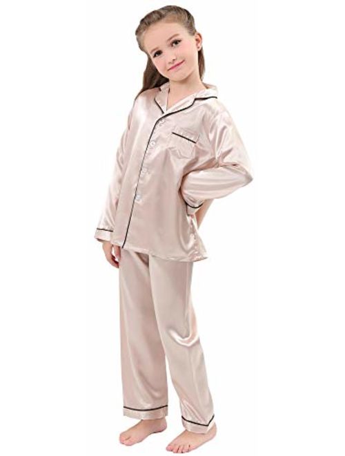 JOYTTON Kids Satin Pajamas Set PJS Long Sleeve Button-Down Sleepwear Loungewear 