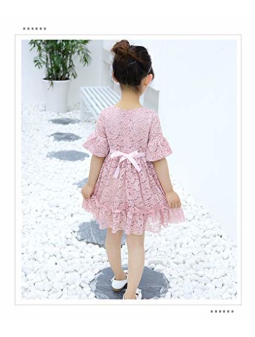 Little/Big Girls Vintage Breathable Flower Girl Birthday Party Wedding Lace Long Maxi Dress with Ribbon