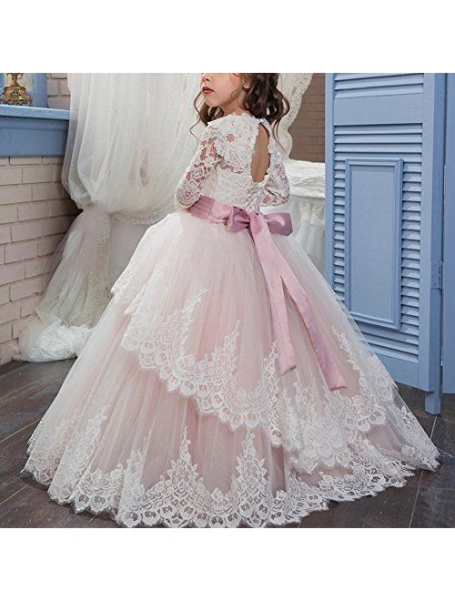 Flower Girl Lace up Long Sleeves Pageant Communion Long Dress Wedding Formal Party Maxi Gown