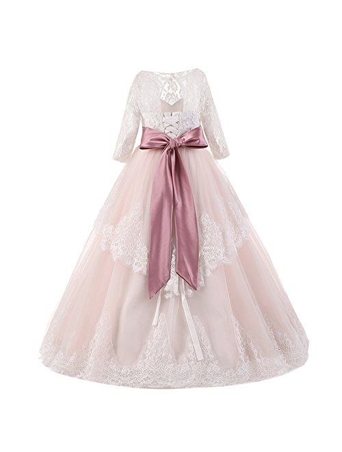 Flower Girl Lace up Long Sleeves Pageant Communion Long Dress Wedding Formal Party Maxi Gown