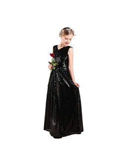 Long Junior Bridesmaid Dress, Sequin Flower Girl Dress Formal Wedding Party Pageant Maxi Dress Dance Ball Gown