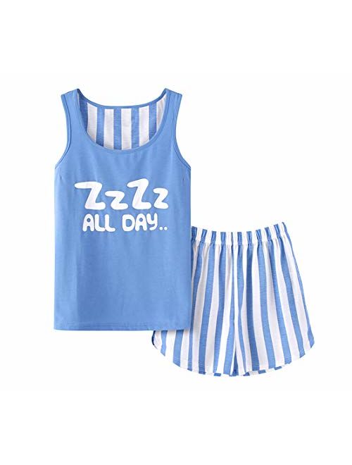 Big Girls Summer Pajamas Set-Cute Tank Top and Shorts Night Teens Sleepwear Size 12 14 16 18
