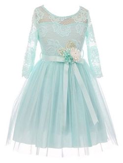 Long Sleeve Girls Dress Floral Lace Roses Corsage Christmas Flower Girl Dress