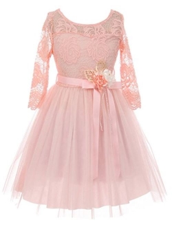 Long Sleeve Girls Dress Floral Lace Roses Corsage Christmas Flower Girl Dress