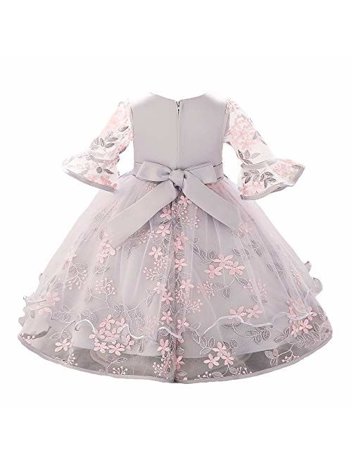 Myosotis510 Girls' Lace Princess Wedding Baptism Dress Long Sleeve Formal Party Wear for Toddler Baby Girl