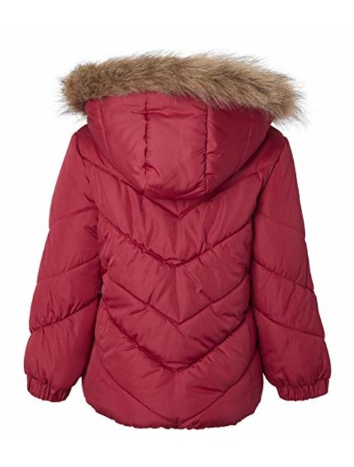 Sportoli Girls Winter Solid Puffer Bubble Jacket Coat Fleece Lined Fur Trim Hood